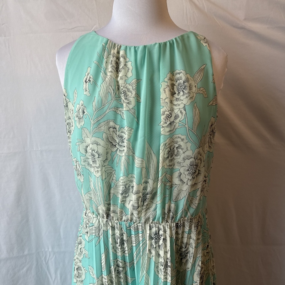 Jessica Howard Green Floral Pleated Chiffon Sleeveless Maxi Dress 12 Cottagecore - Picture 3 of 9